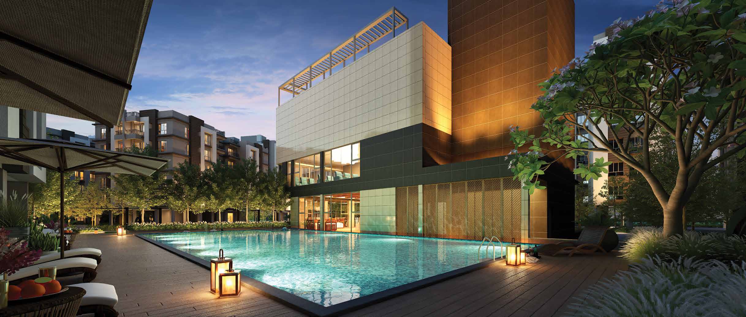 Srijan Eternia swimming pool with deck lounge